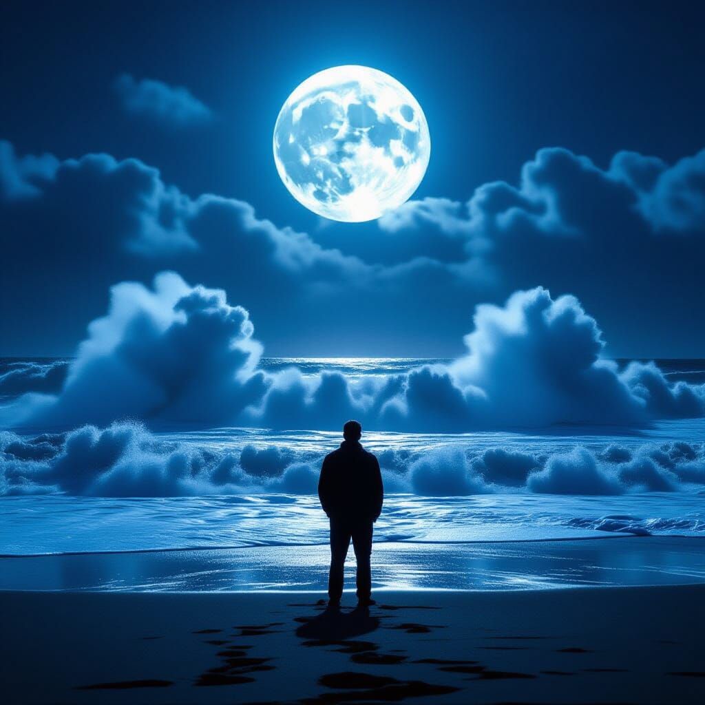 Moonlit Seascape: Figure Watches Violent Waves Under Full Mo...