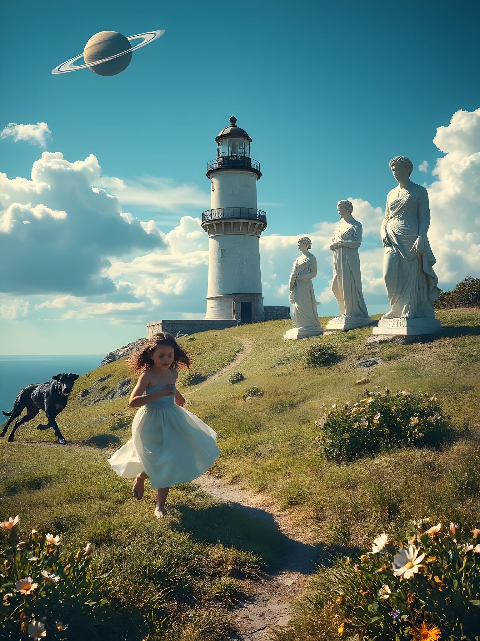 Surreal Lighthouse Scene with Saturn and Greyhound