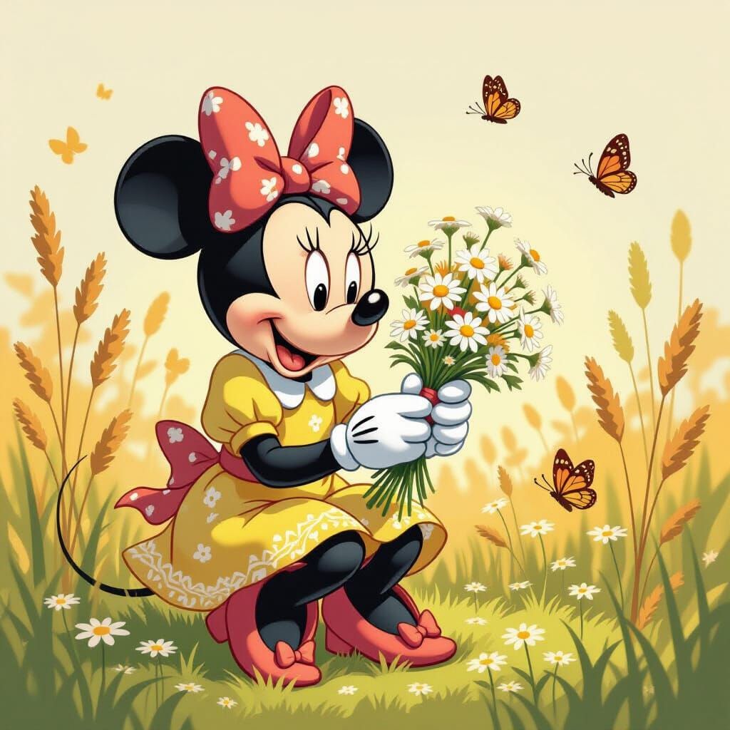 Vintage Minnie Mouse Embroiders Wildflowers in Meadow