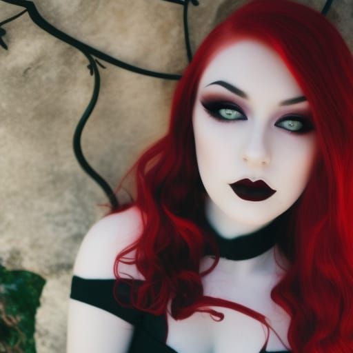 Ethereal gothic young lady with crimson red hair& Emerald green eyes& Burgundy red eyeshadow beautifully done& Winged bl...