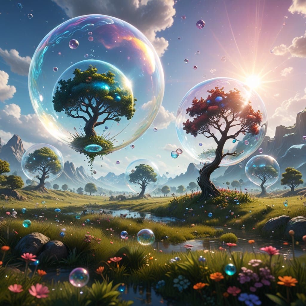 Enchanting Meadow Landscape with Shimmering Bubbles
