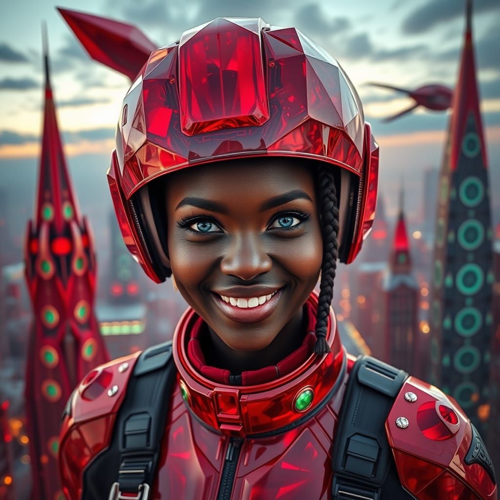 Futuristic Crystal City Warrior with Spaceship