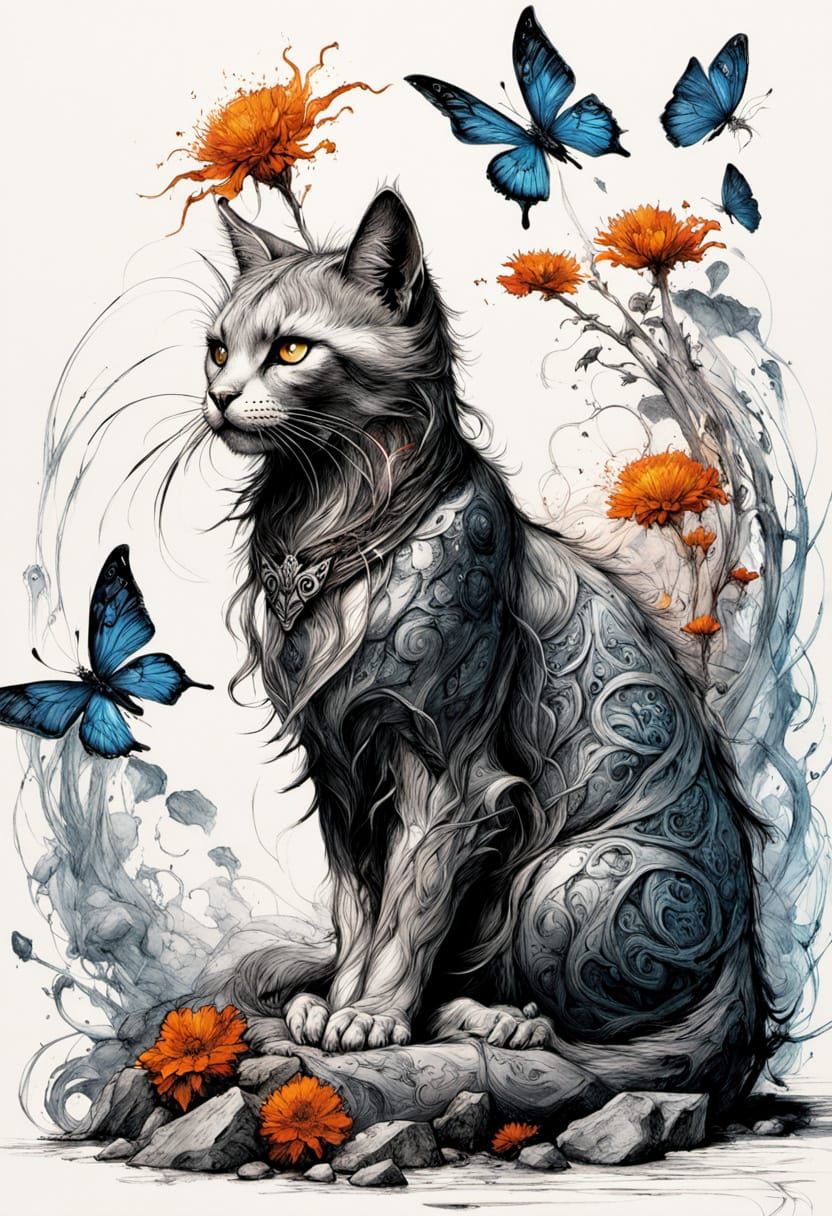 Mystical Cat Ink Sketch in Carne Griffiths Style