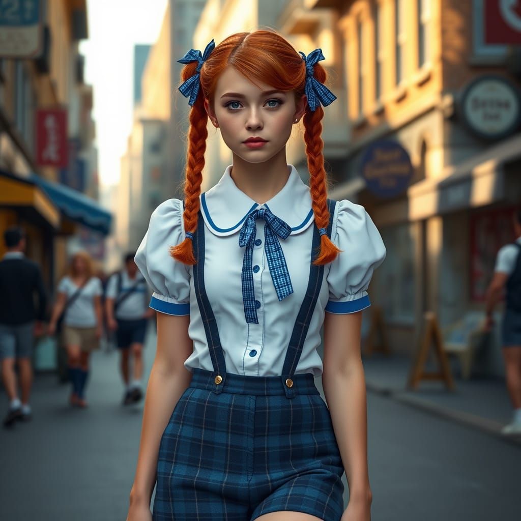 Whimsical Schoolgirl in Blue Tartan Delight