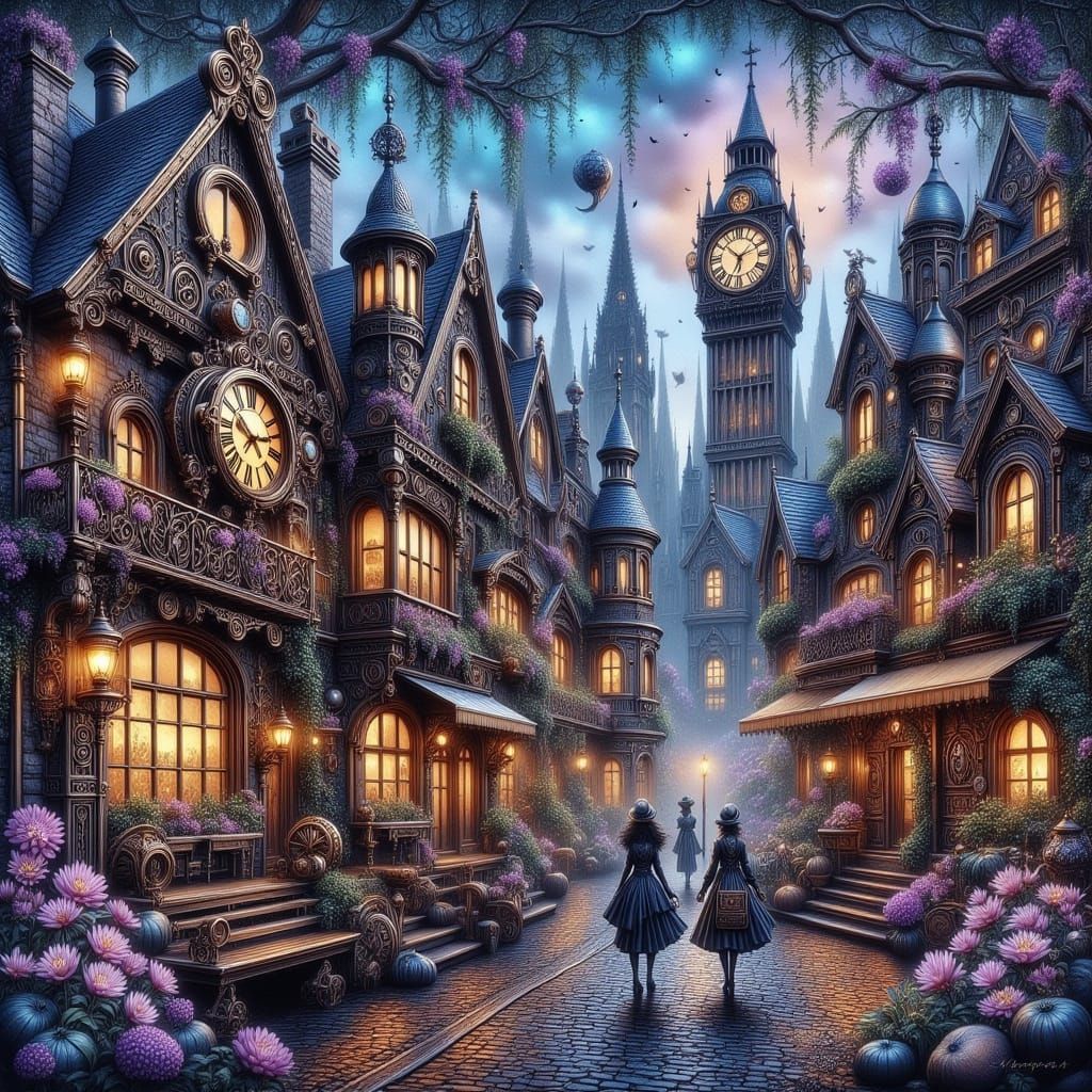 Whimsical Steampunk Village with Bioluminescent Flowers