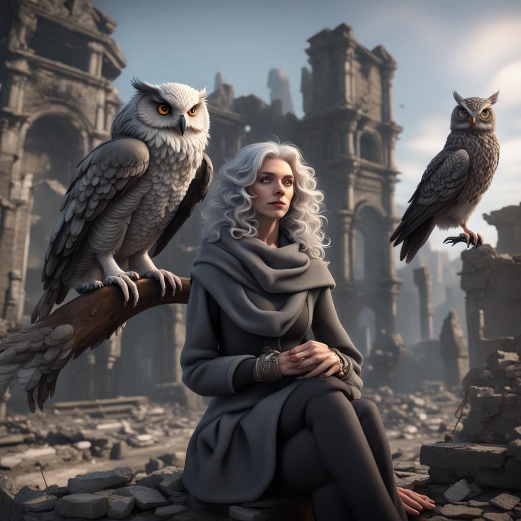 Woman with Owl in Ruins: 3D Rendered Scene