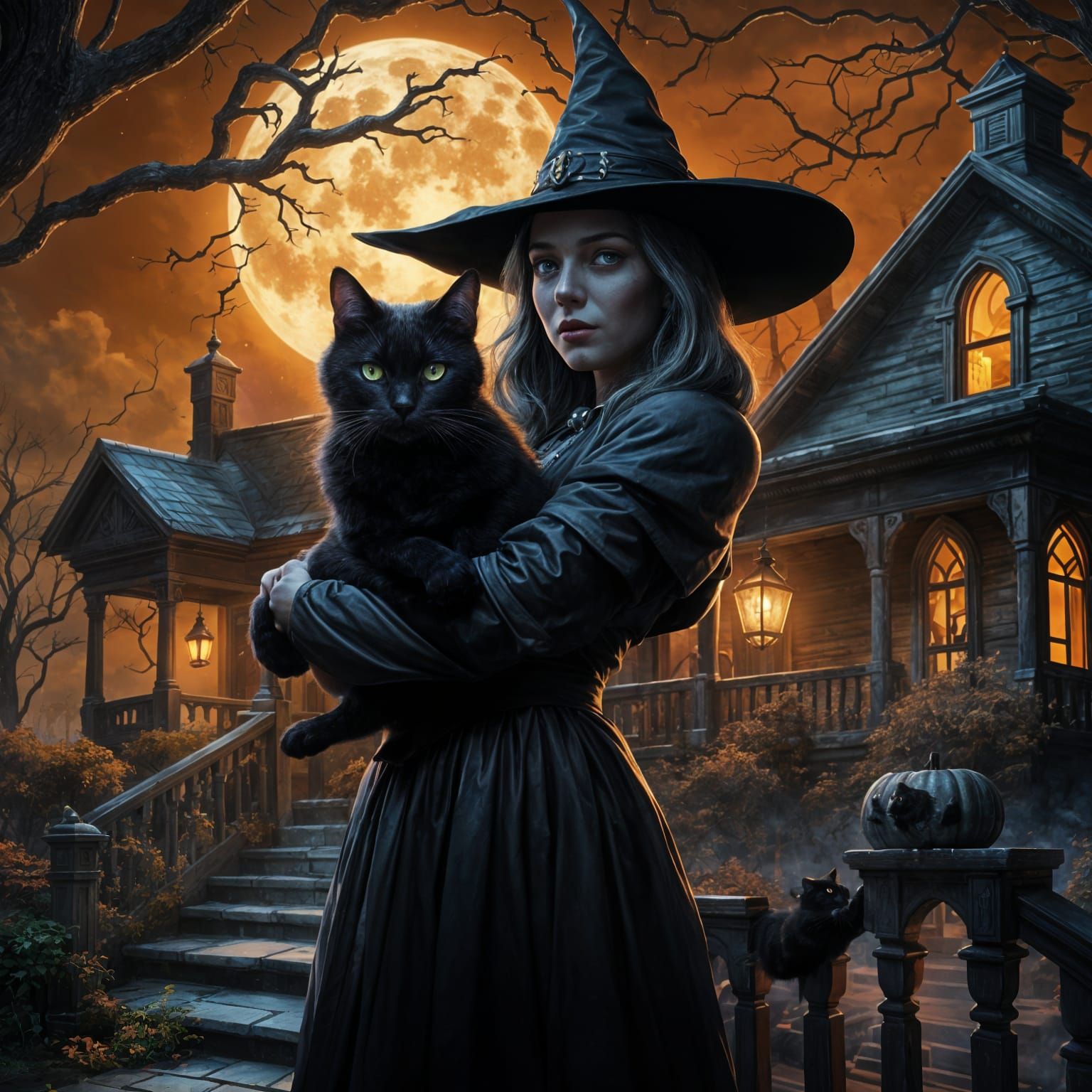 Witchy Woman, Magic Cat, Full Moon