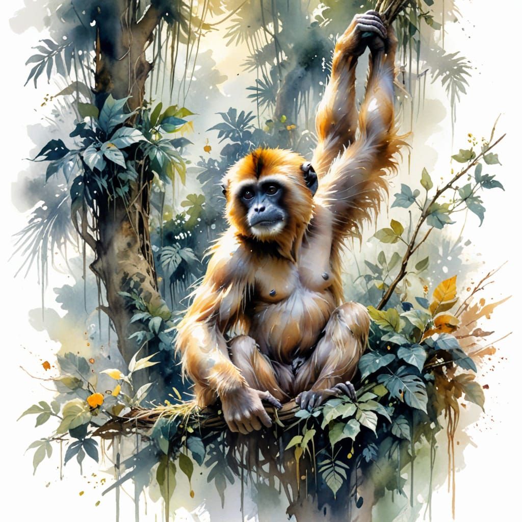 Gibbon Swinging Through Misty Jungle Canopy at Dawn