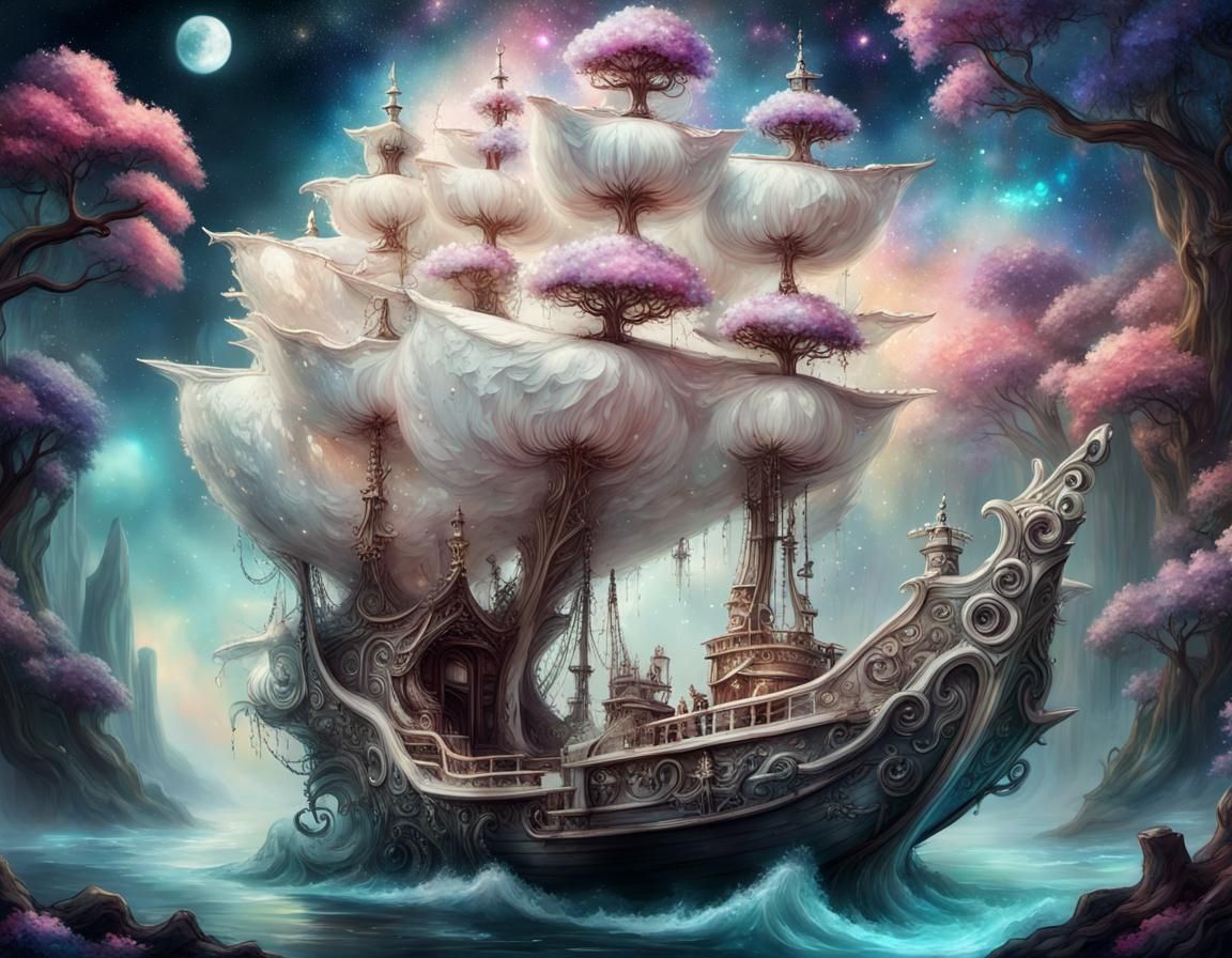 Fantasy Fairy Ship Sailing Through Galaxy