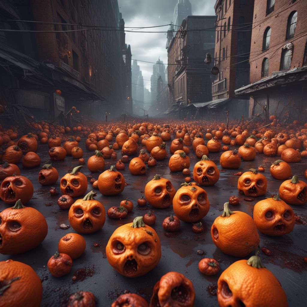 An army of zombie tangerines in the city