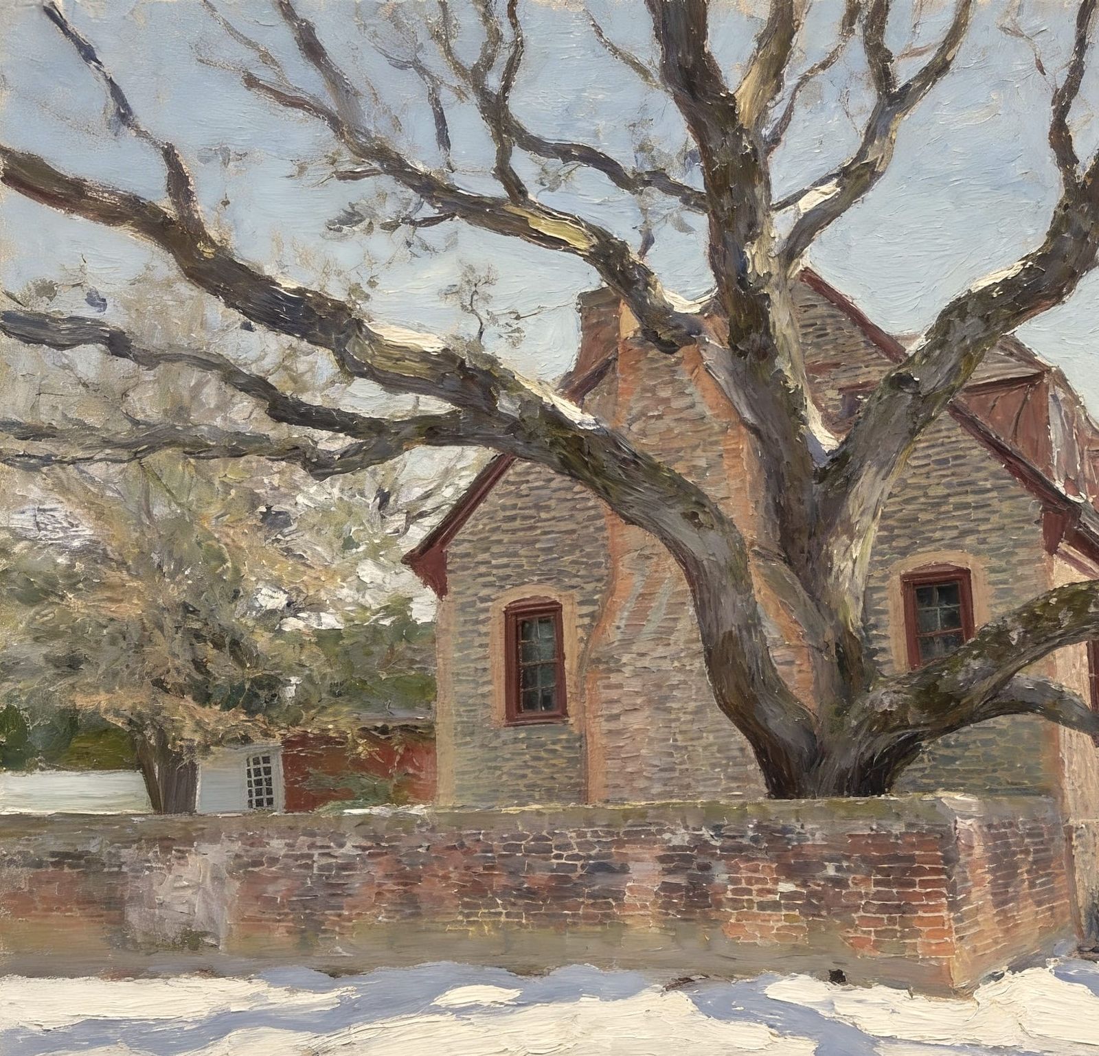 Impressionistic Snow-Covered Brick House with Tree