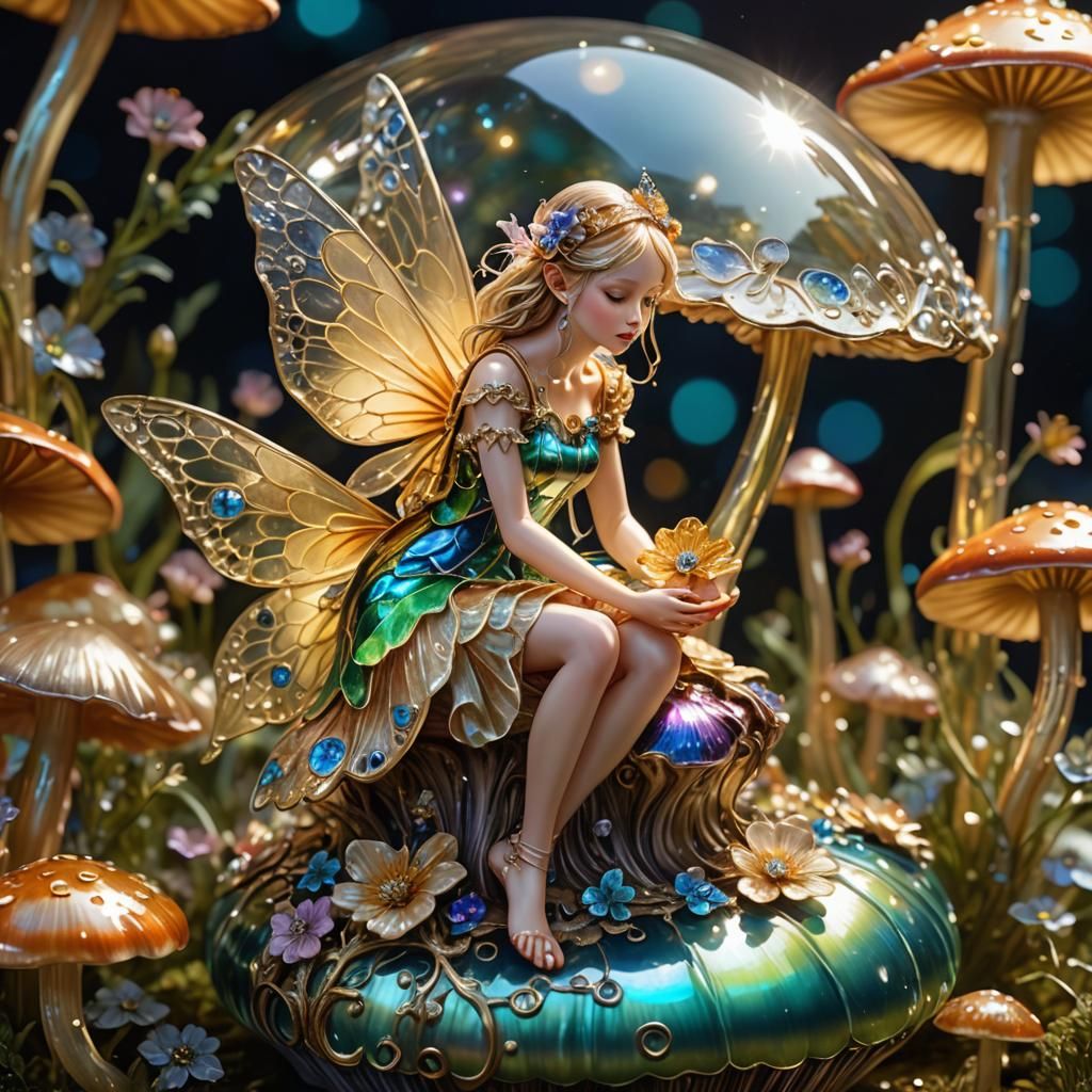 Enameled Glass Fairy on Mushroom, Digital Art
