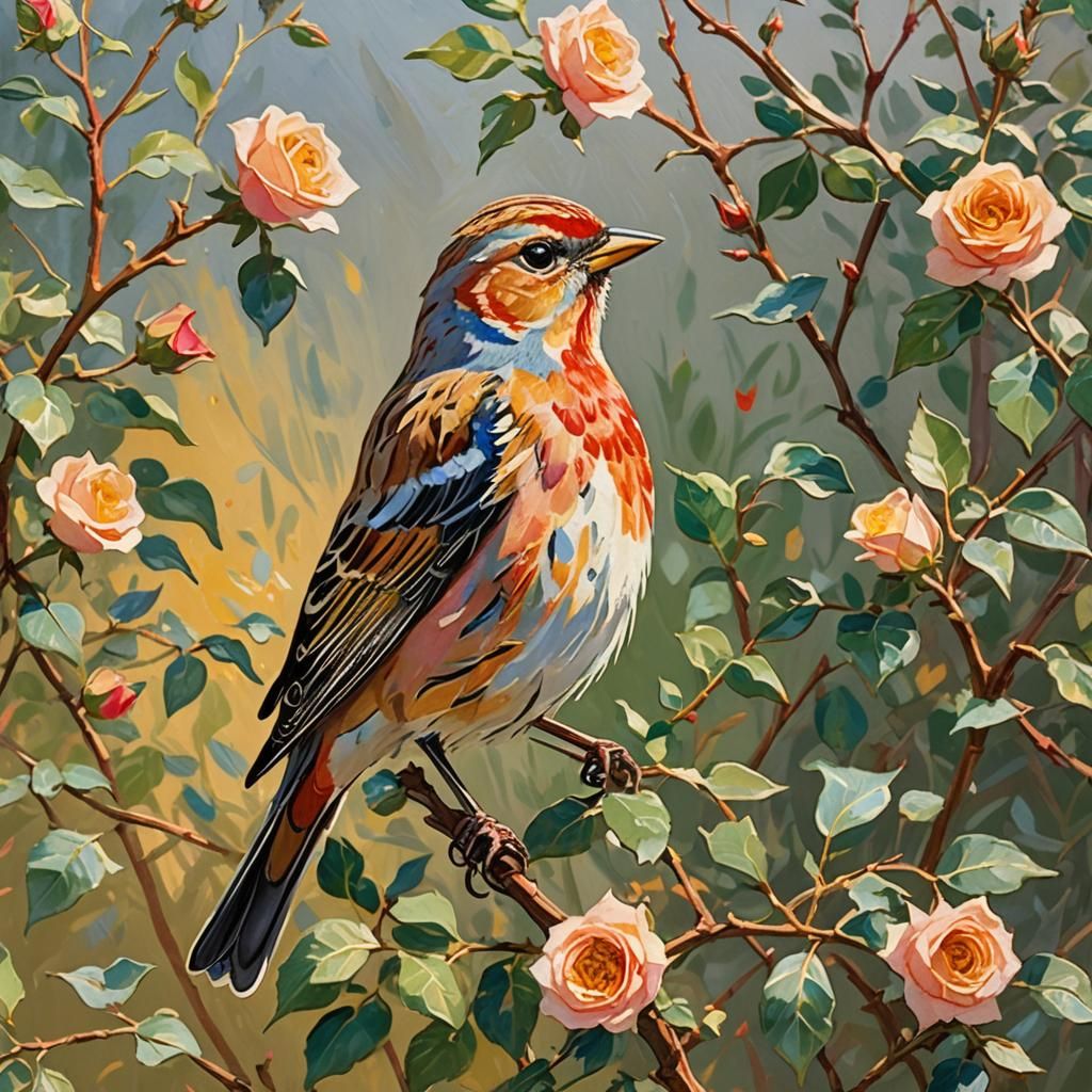 Linnet on Bush: Impressionist Gouache Painting