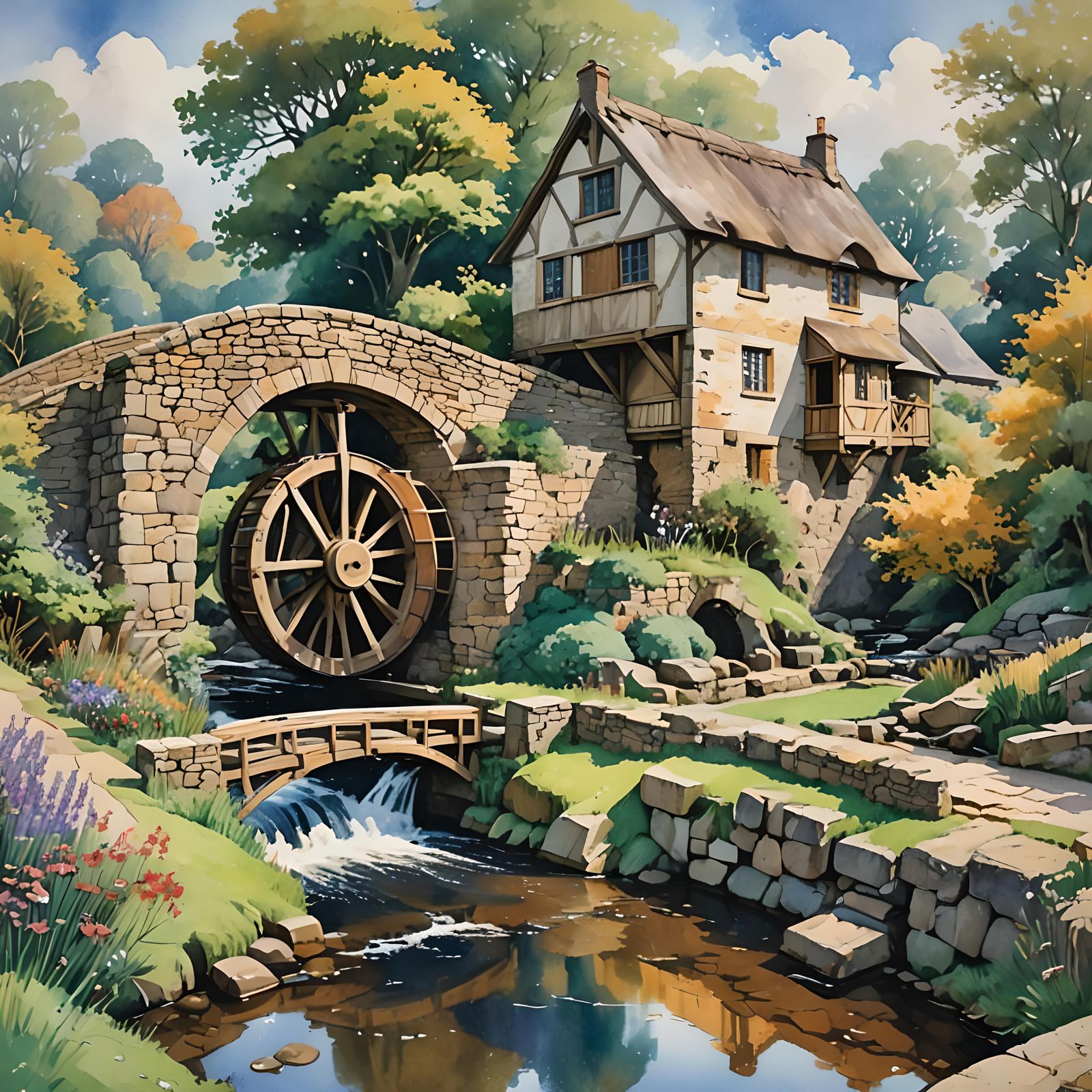 Picturesque River Mill in Expressionist Watercolour