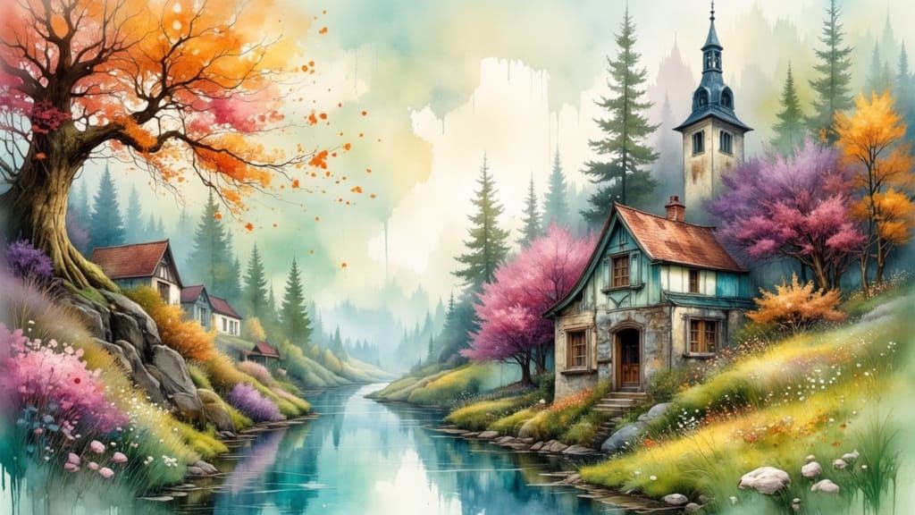 Whimsical Fairy Tale Village in Painterly Style