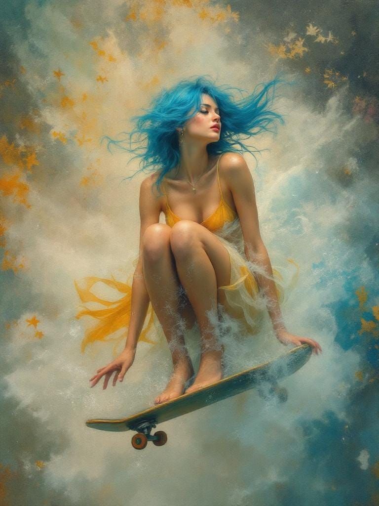 Blue-Haired Skater in Alphonse Mucha Style