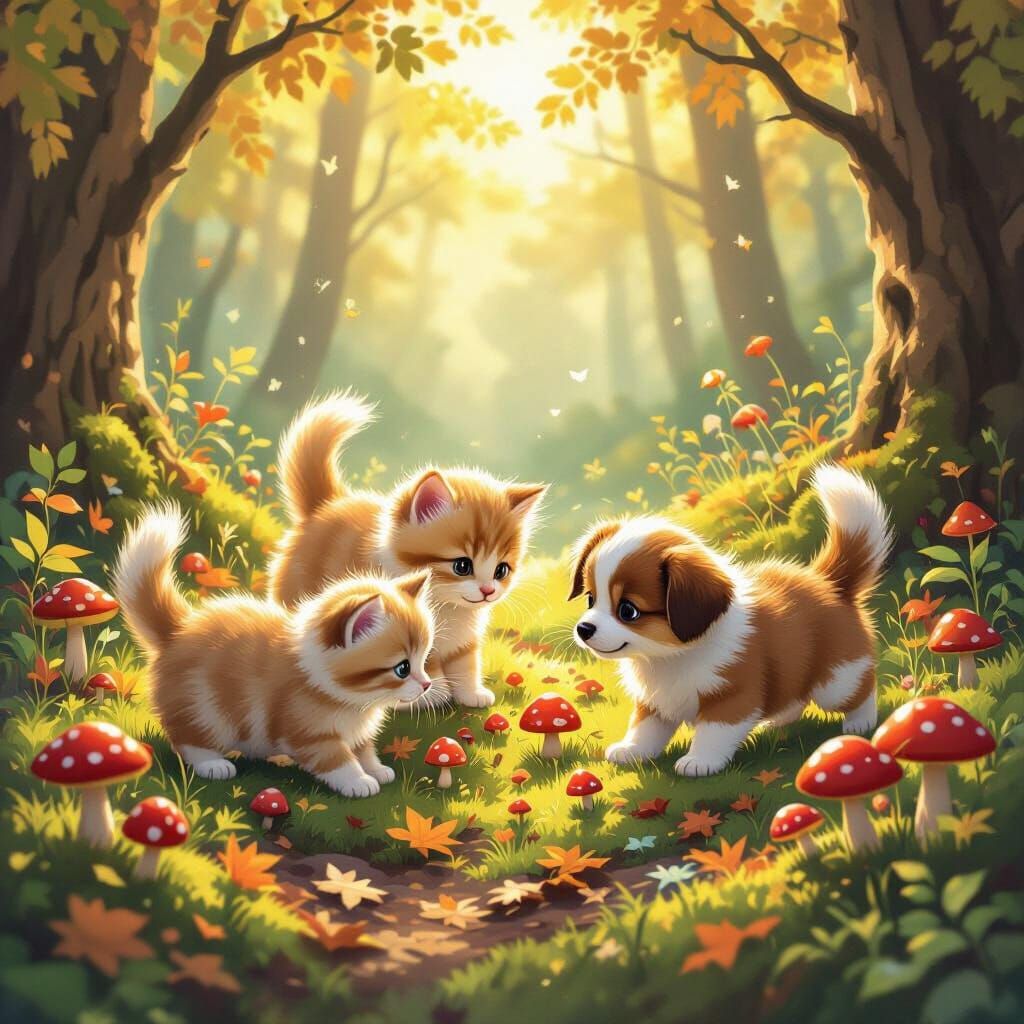 Kittens and Puppies Hunt Mushrooms in Magical Forest