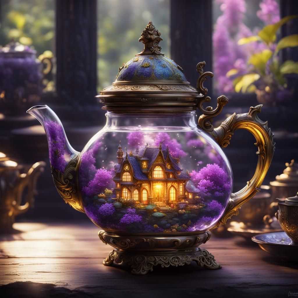 Gnome World Inside Ornate Teapot, Dark Fantasy Concept Art