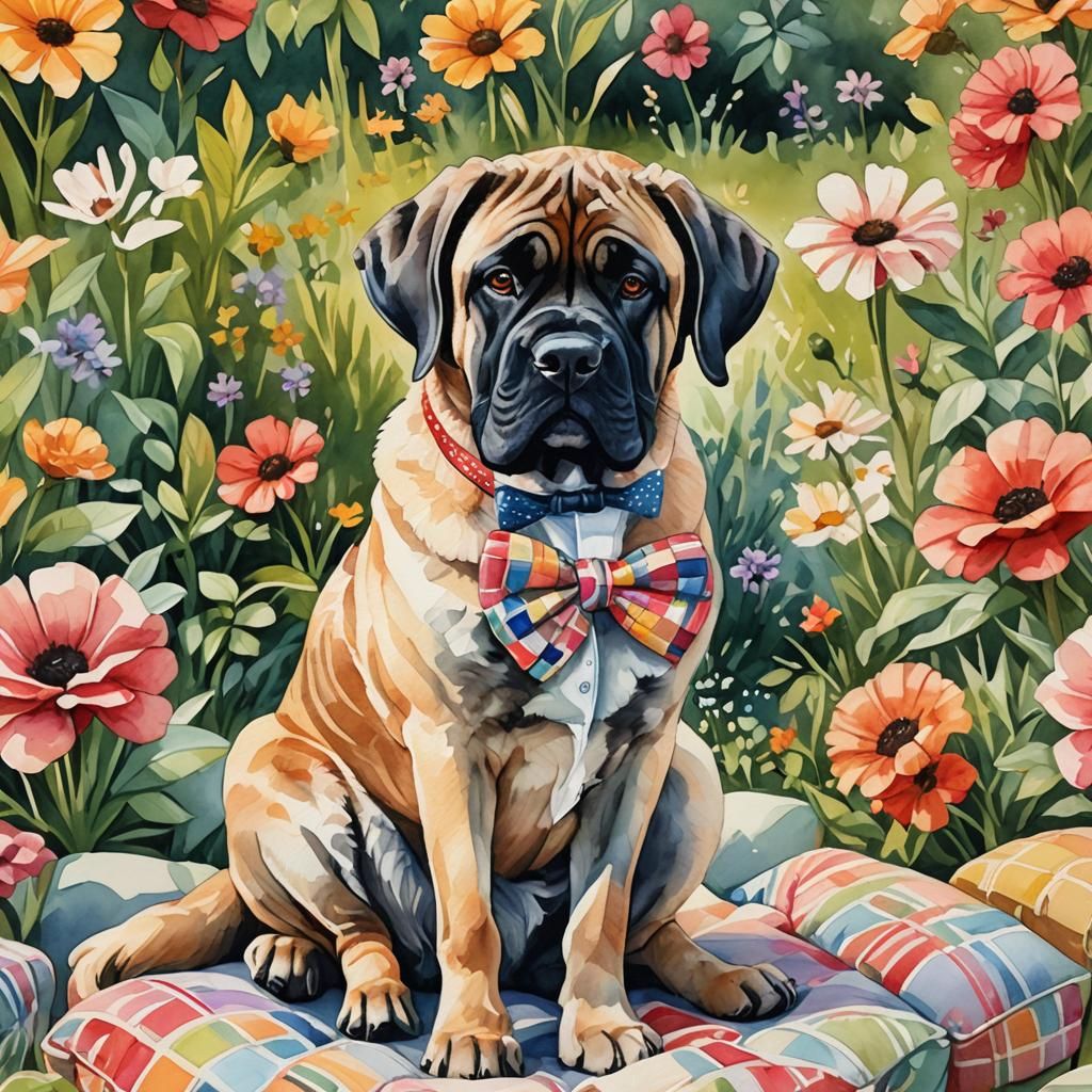 Smiling Mastiff in Cozy Garden: Whimsical Watercolor Portrai...