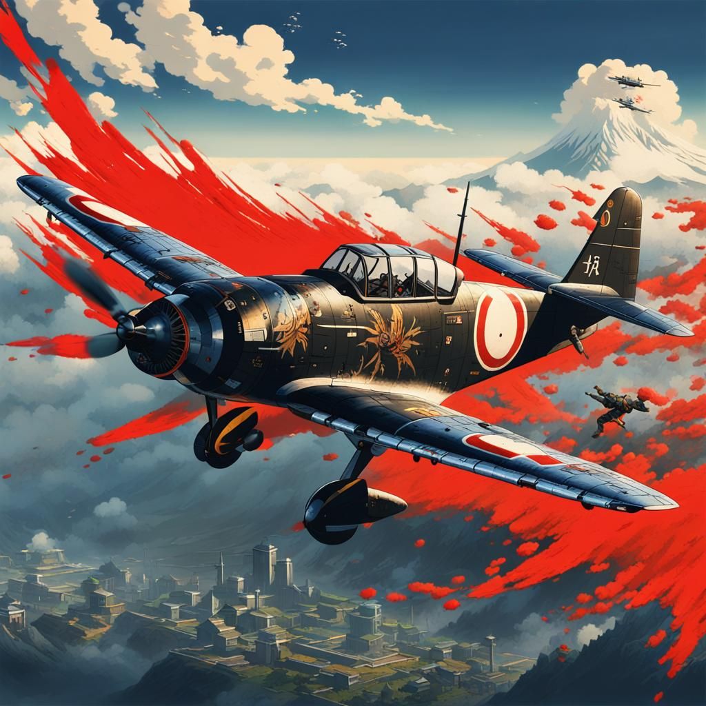 Samurai Fighter Plane in Ukiyo-e Style
