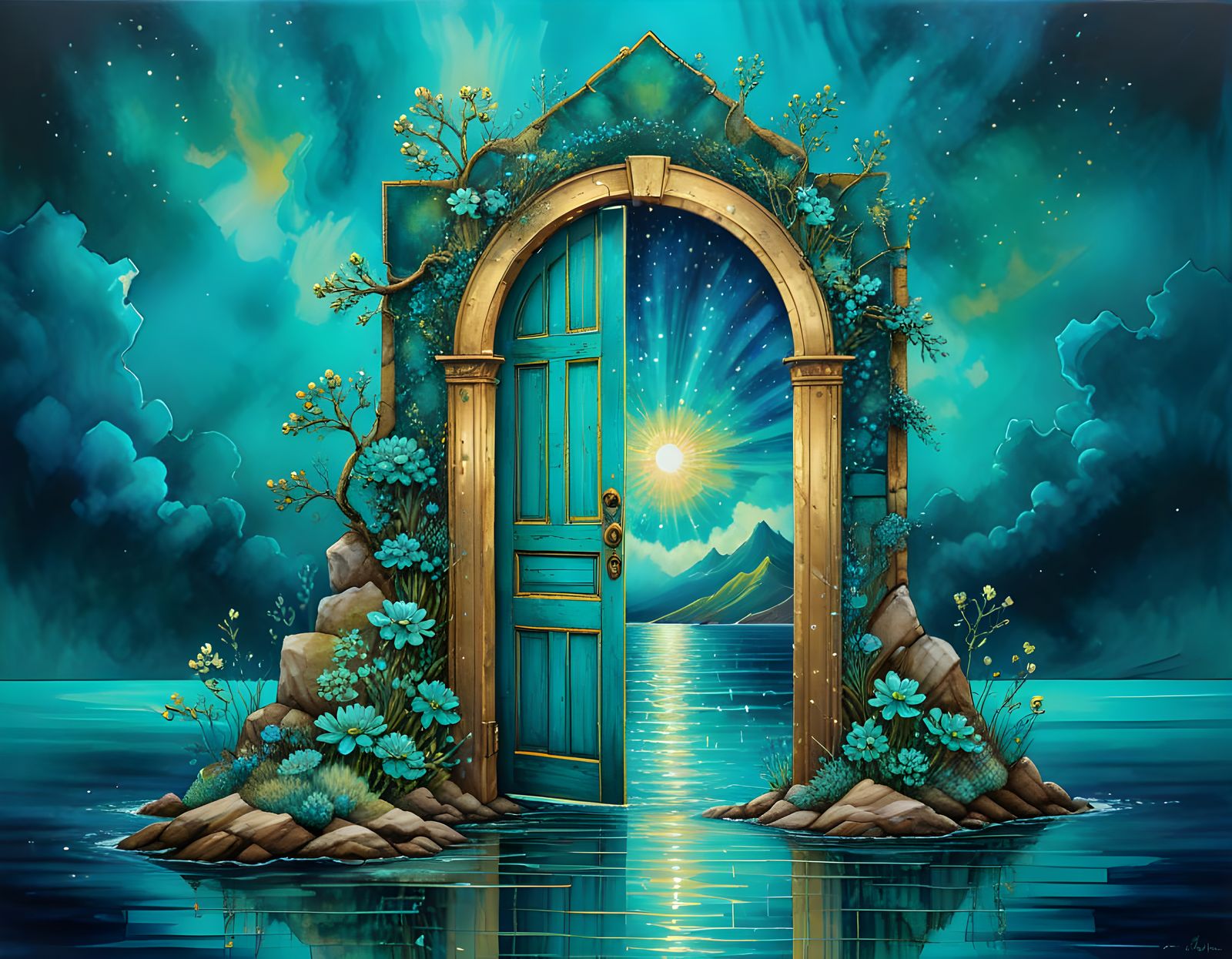 Ancient Door in Ocean: Alcohol Ink Painting