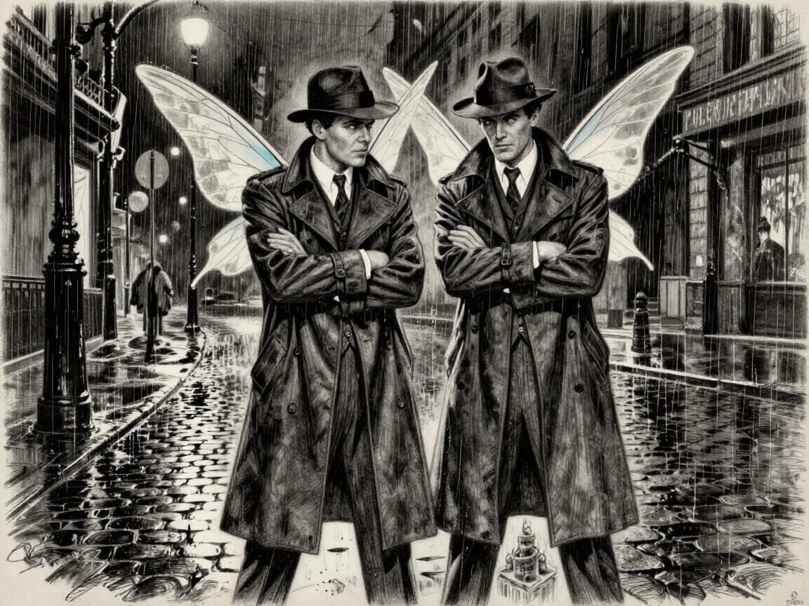 Film Noir Fairies as 1930s Detectives in Rainy City