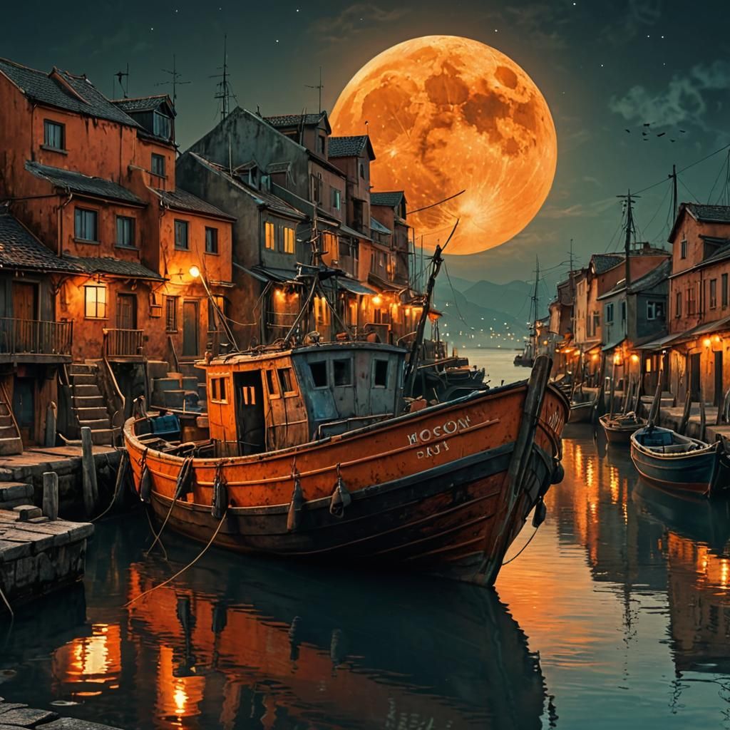 Vaporwave orange moon close up fishing boat in the harbour f...