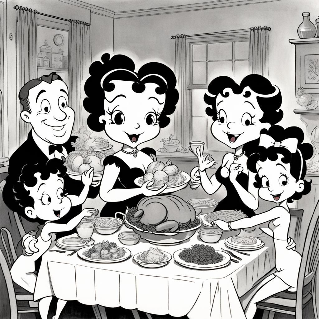 Betty Boop Family Thanksgiving in Ligne Claire Style