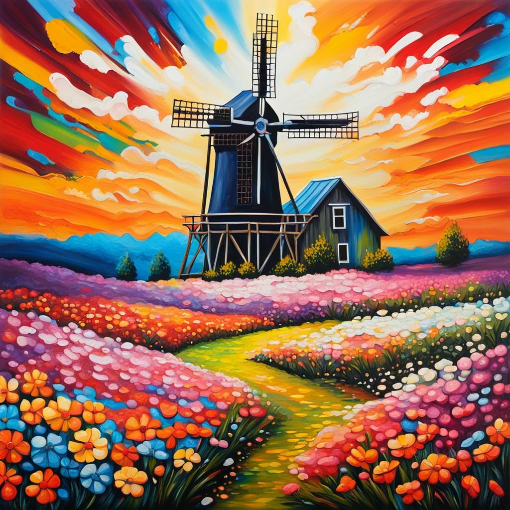 Windmill in Flower Field: Splash Art