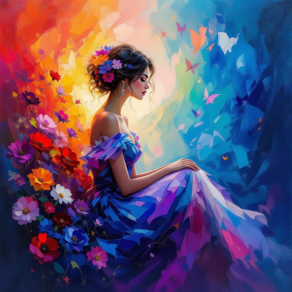 Woman in Swirling Color Storm, Digital Painting