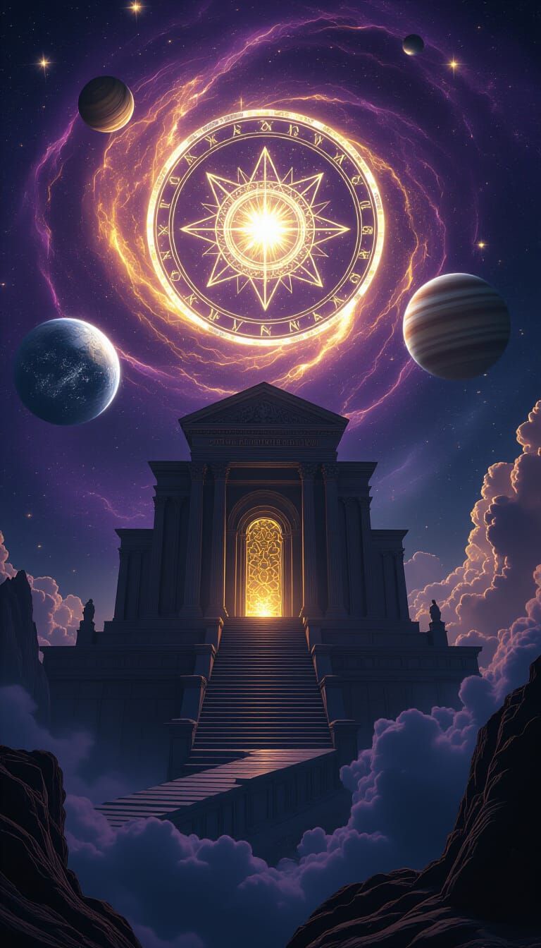 Cosmic Temple in Deep Space with Zodiac and Planets