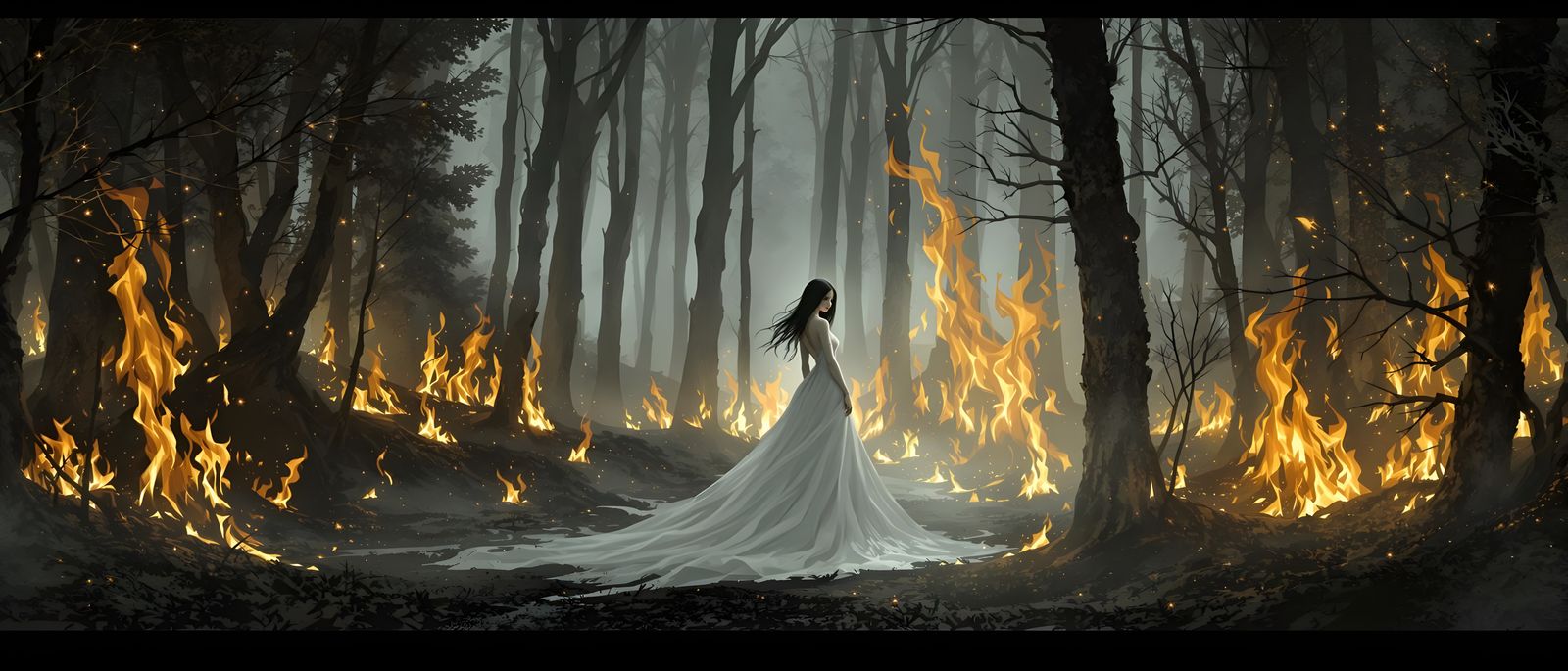 Ethereal Woman Stands Amidst Forest Flames in a Haunting, Go...