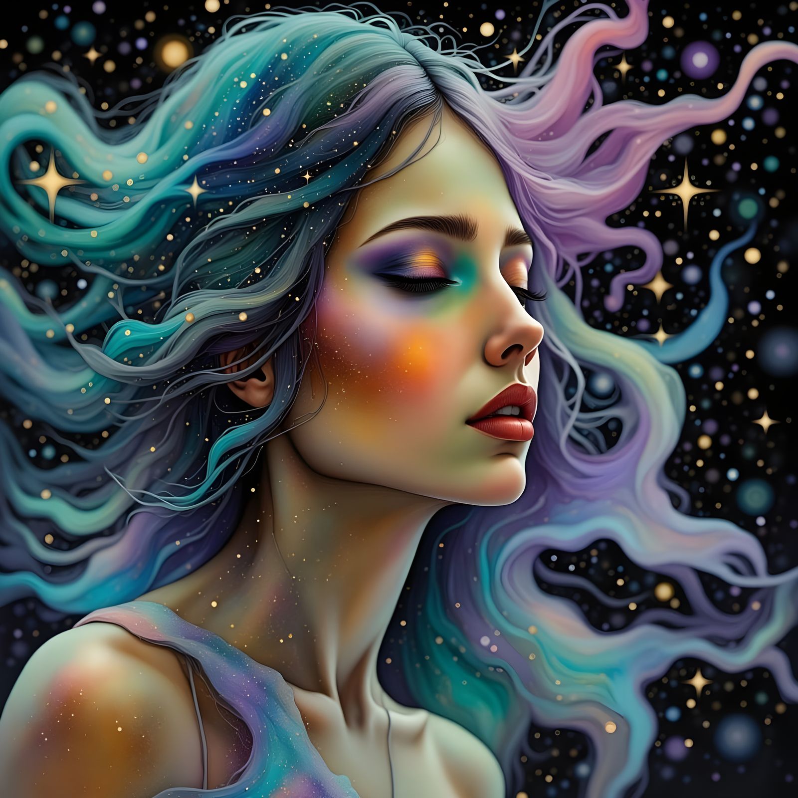 Close up, 8K3D this stunning cosmic goddess with flowing, iridescent garments and an ethereal, star-lit aura.
