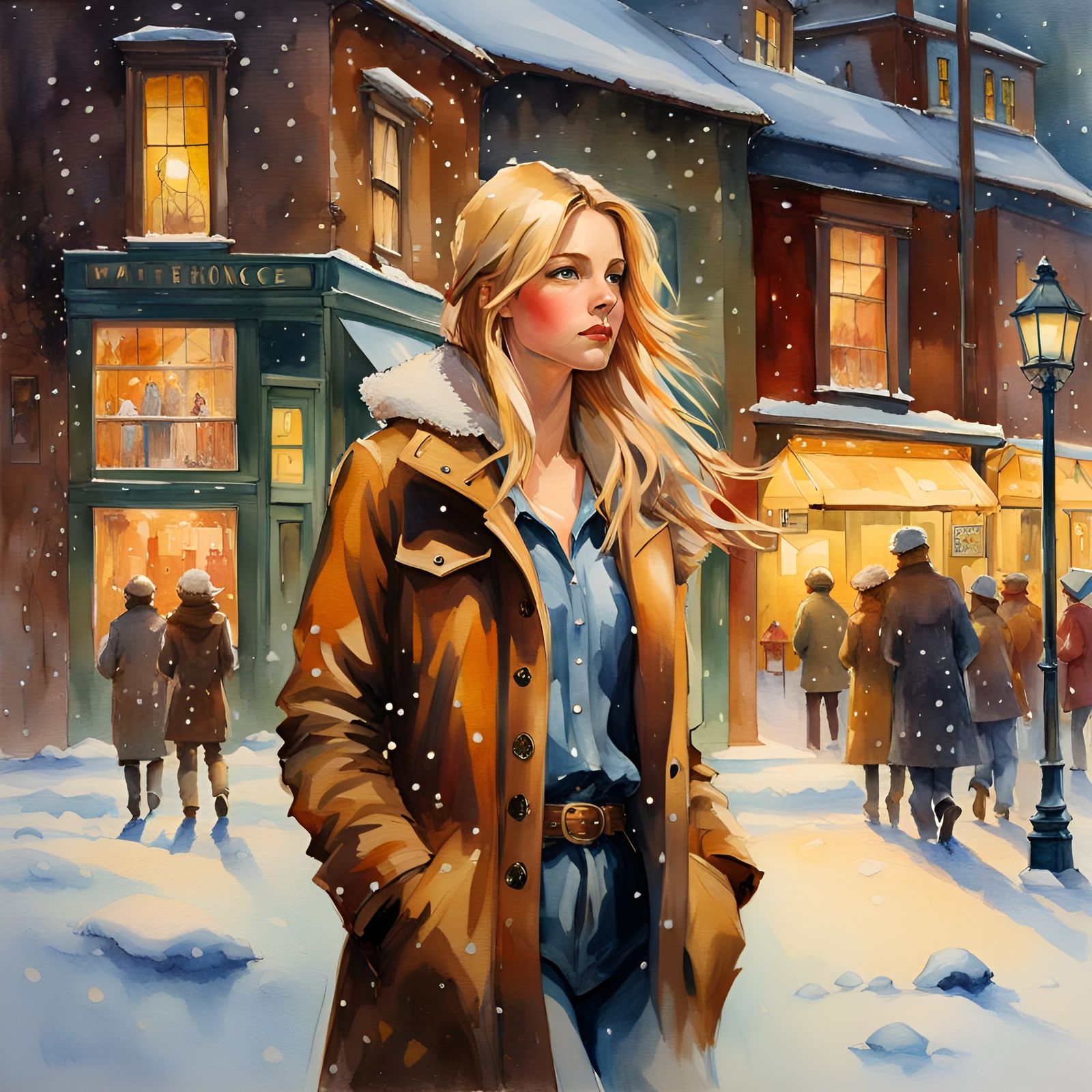 Girl in Snowy Town, Watercolor Painting