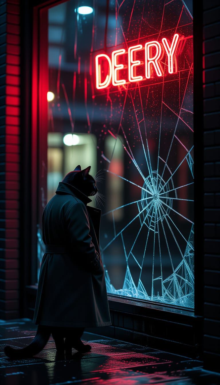 Black Cat Detective in Noir Alleyway Film Still