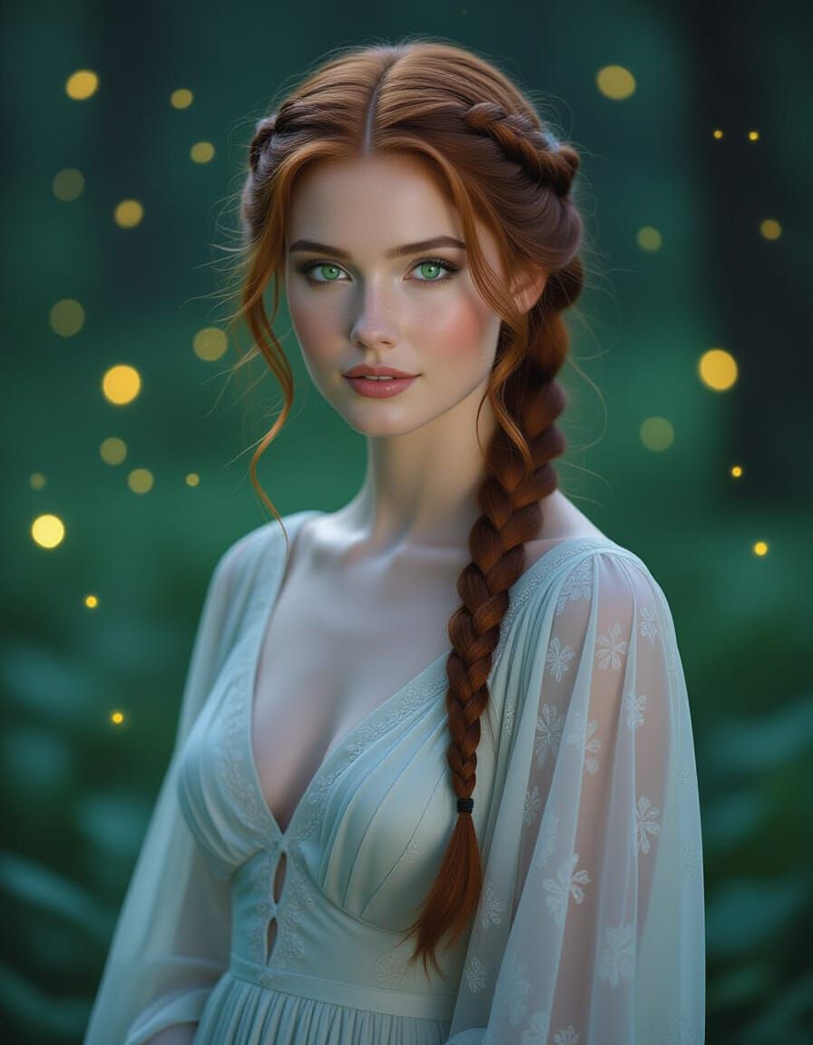 Emerald-Eyed Woman in Moonlit Forest, Hyperrealistic Portrai...