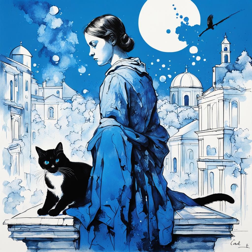 Girl and Cat with Blue Ink Splashes
