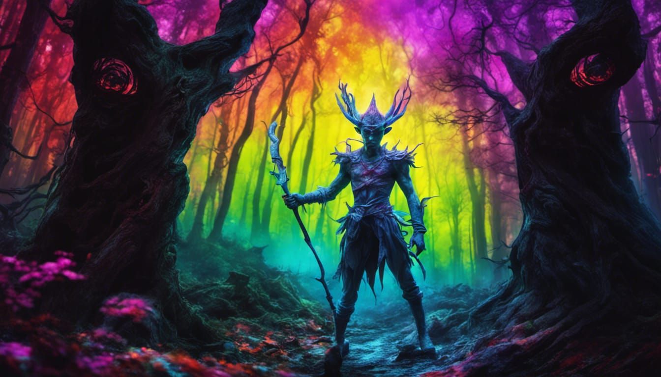 Psychedelic Elf vs Goblin in Dark Forest