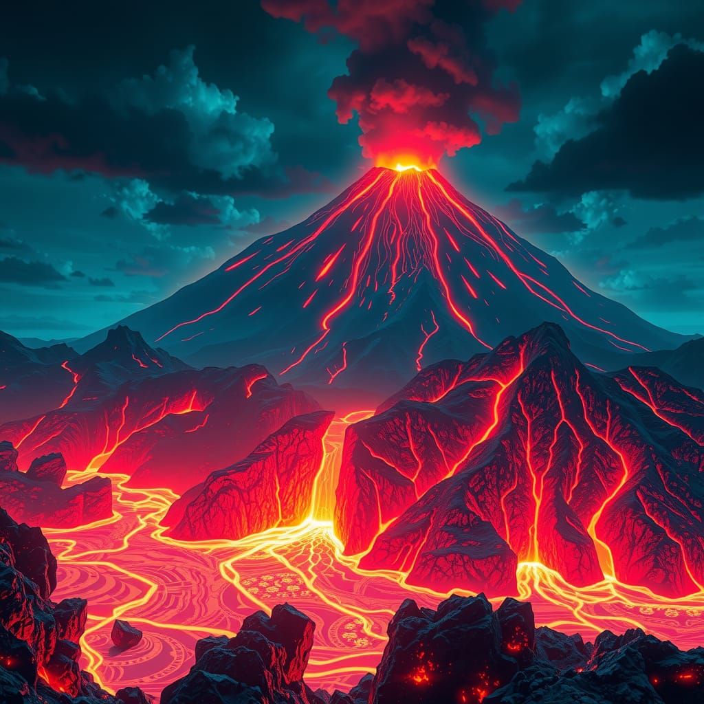 Tropical Volcano with Neon Lava Flows