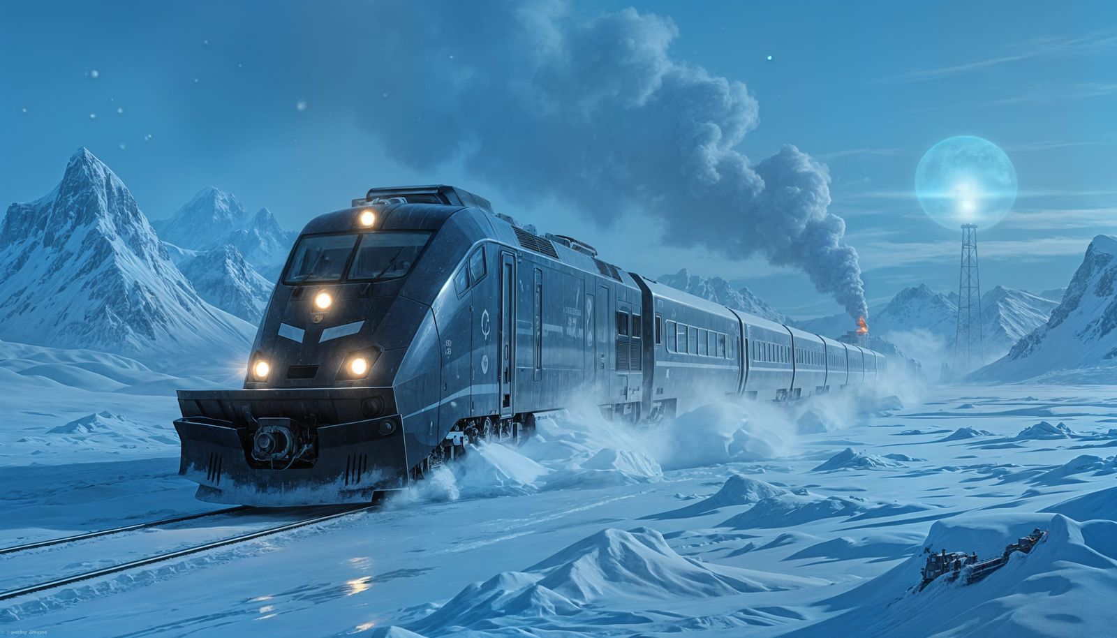 Futuristic Train Speeds Through Frozen Post-Apocalyptic Worl...