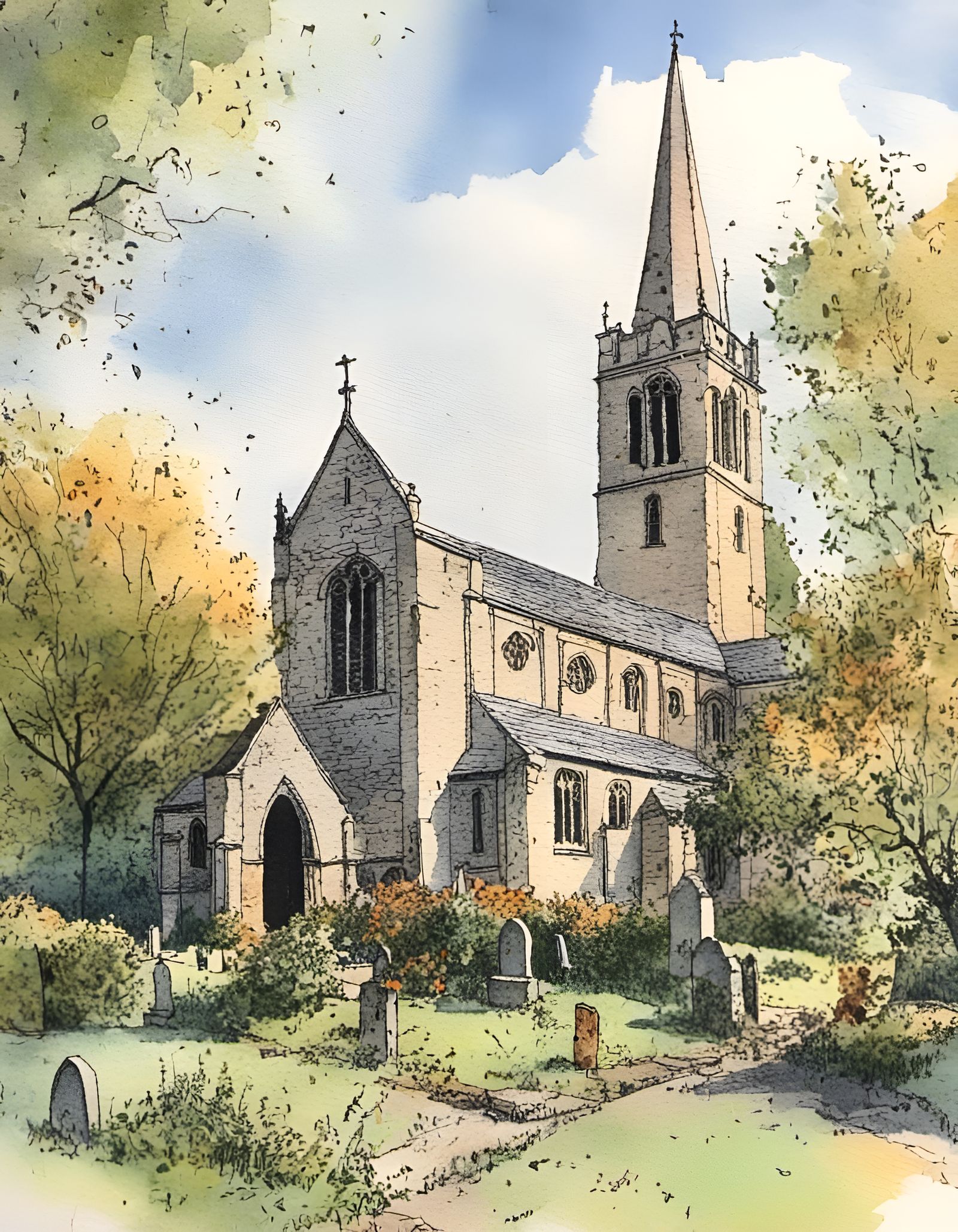 All Saints Church, Easton-on-the-Hill in Line and Wash