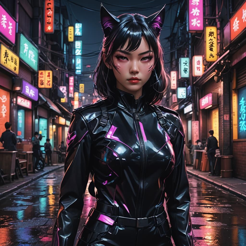 Neon Cat Woman in Japanese Alleyway: 3D Anime Concept Art