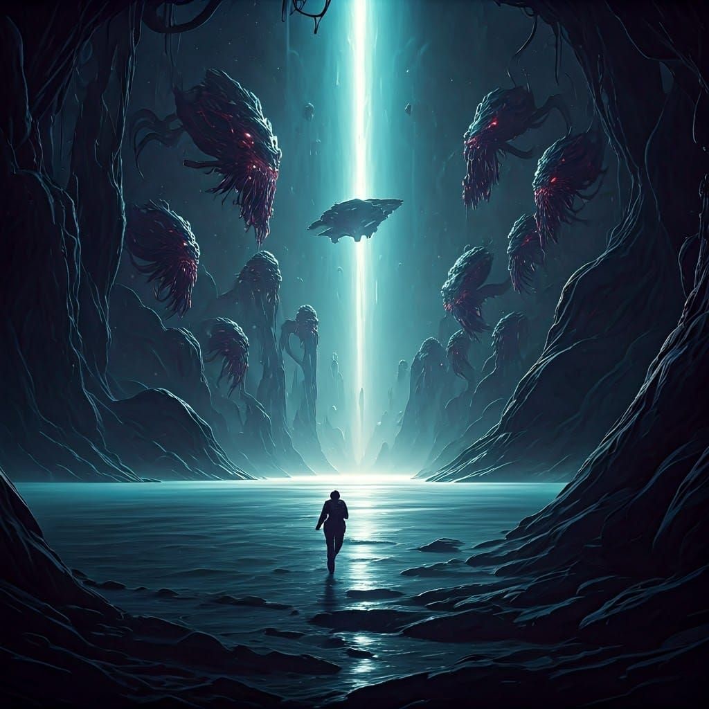 Pilot Fleeing Aliens in Iridescent Jungle, Digital Art