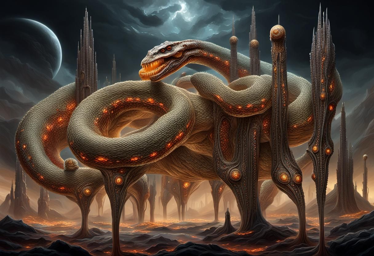 Surreal Serpent in Biomechanical Alien Landscape