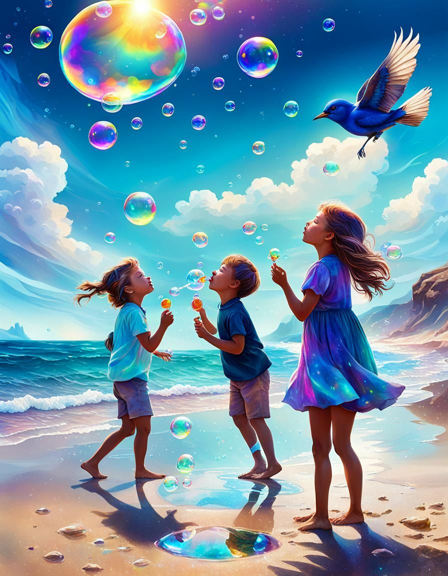 Children Blow Bubbles in Astral Illustration