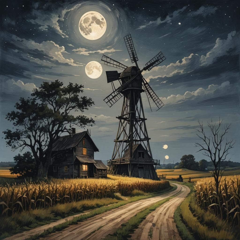 Old Wooden Windmill Under Moonlight