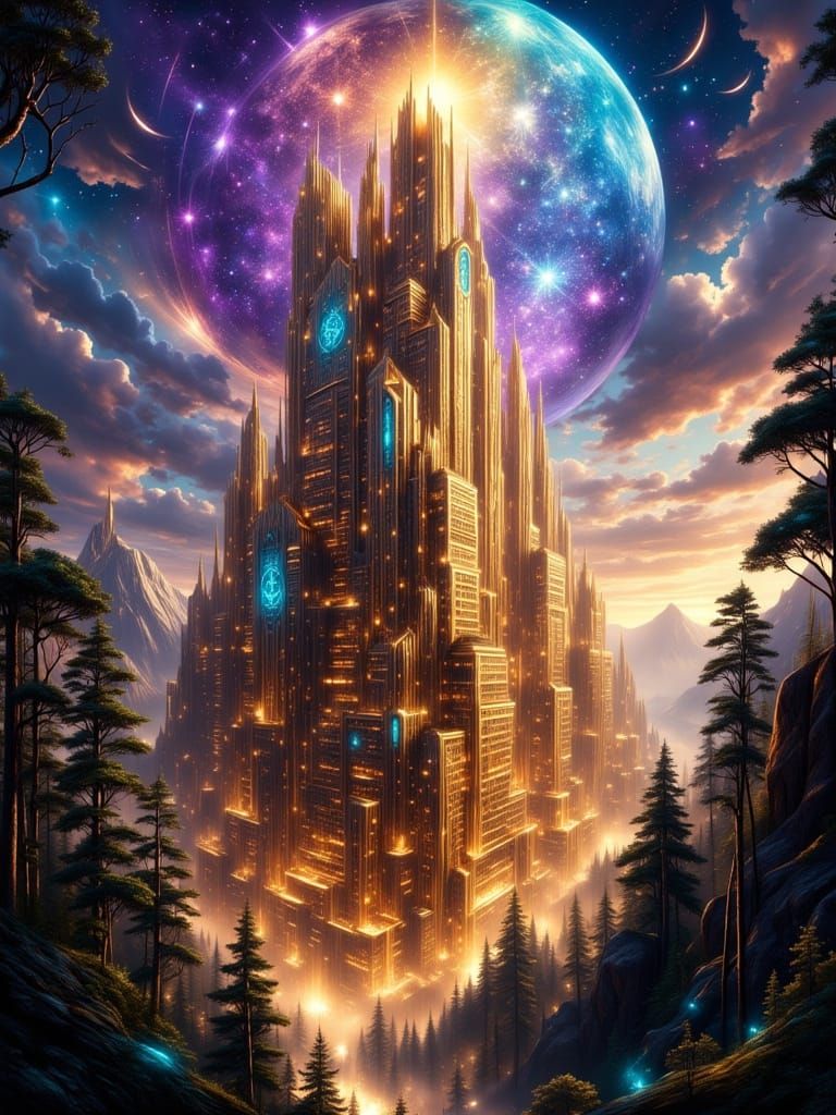 Enchanted Golden Citadel of Arcane Code and Magic