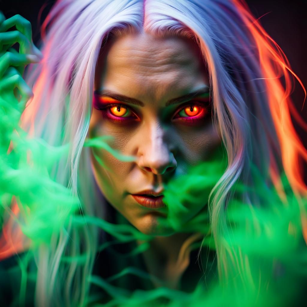 Abstract Portrait of a Young Witch with Red Eyes