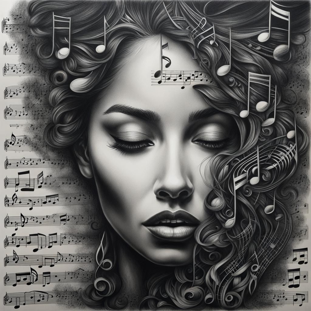 Musical Charcoal Portrait of a Woman's Face