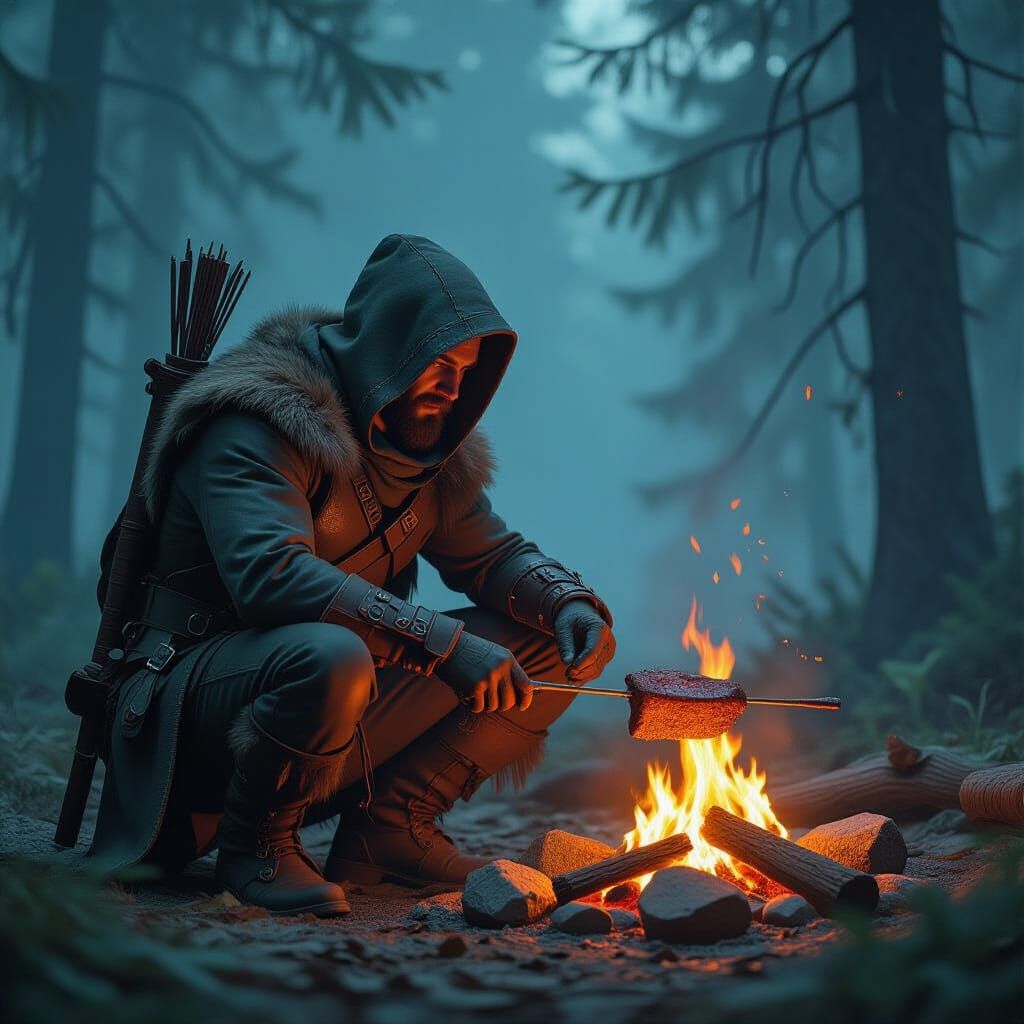 Hunter Roasting Meat by Campfire: Earthy Fantasy Art